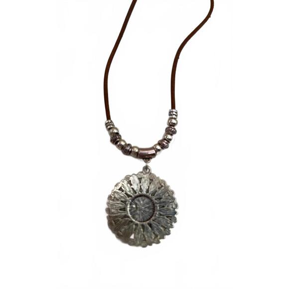 Southwest Silver and Turquoise Sunburst Pendant Necklace on Brown Cord - Picture 5 of 7